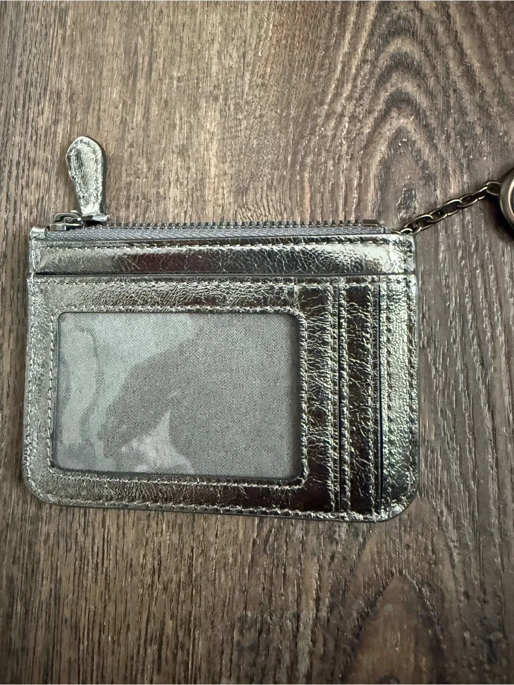 Coach Metallic Silver Card ID Holder with Zip and Keyring